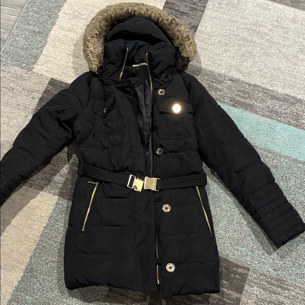 Michael Kors Black Hooded Quilted Puffer Coat with Faux-Fur Trim
